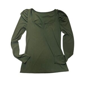 Army Green Ribbed Puff Shoulder Sweetheart Neck Long Sleeve Top Medium